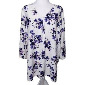 J.Jill Floral Popover Tunic Top 3/4 Sleeve V-Neck Rayon Blend White Purple Sz M
